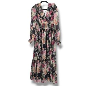 Raisonnel Floral‎ Print Long Sleeve Maxi Dress Ruffle V-Neck Size Large